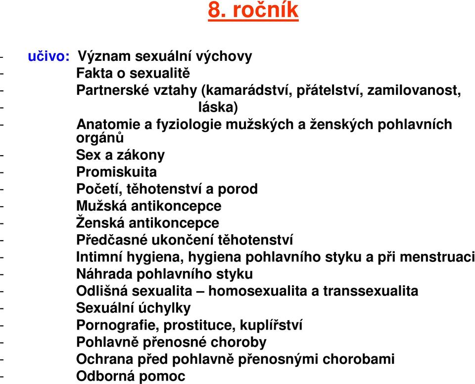 Předčasné ukončení těhotenství - Intimní hygiena, hygiena pohlavního styku a při menstruaci - Náhrada pohlavního styku - Odlišná sexualita homosexualita