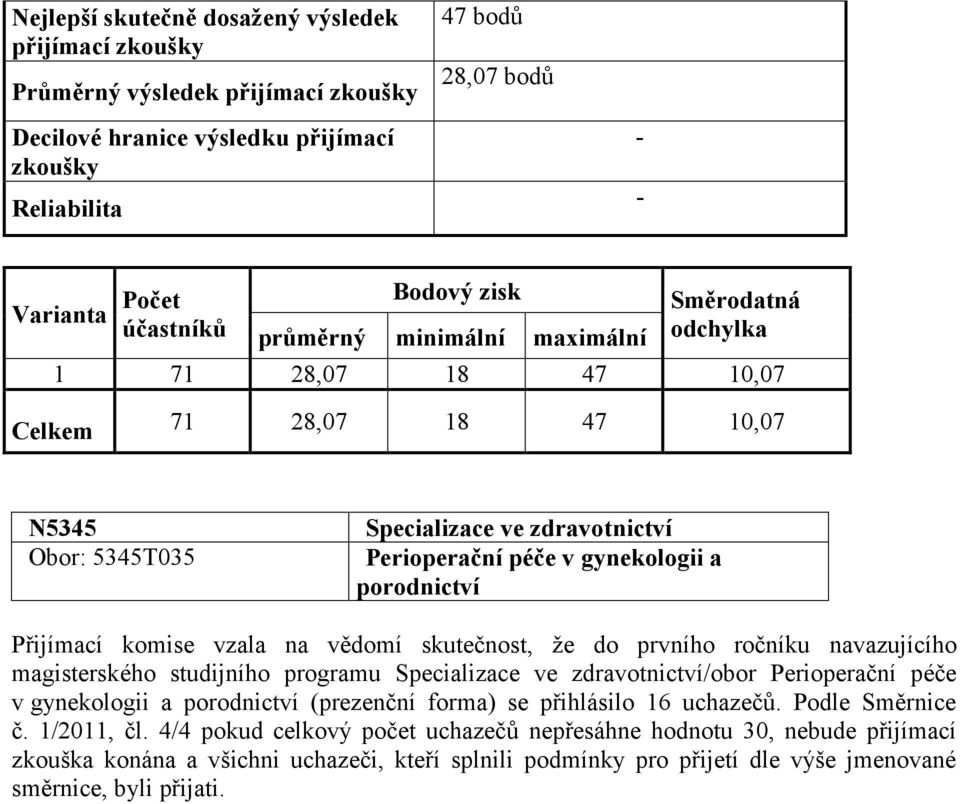 vzala na vědomí skutečnost, že do prvního ročníku navazujícího magisterského studijního programu Specializace ve zdravotnictví/obor Perioperační péče v gynekologii a porodnictví (prezenční forma) se