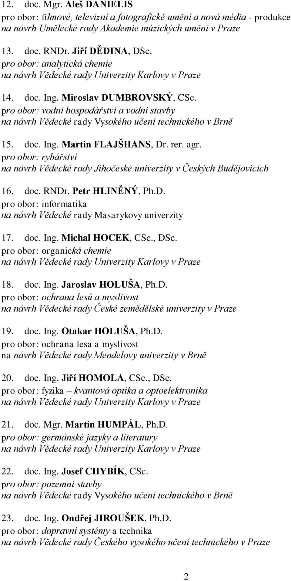 Petr HLINĚNÝ, Ph.D. pro obor: informatika 17. doc. Ing. Michal HOCEK, CSc., DSc. pro obor: organická chemie 18. doc. Ing. Jaroslav HOLUŠA, Ph.D. pro obor: ochrana lesů a myslivost na návrh Vědecké rady České zemědělské univerzity v Praze 19.