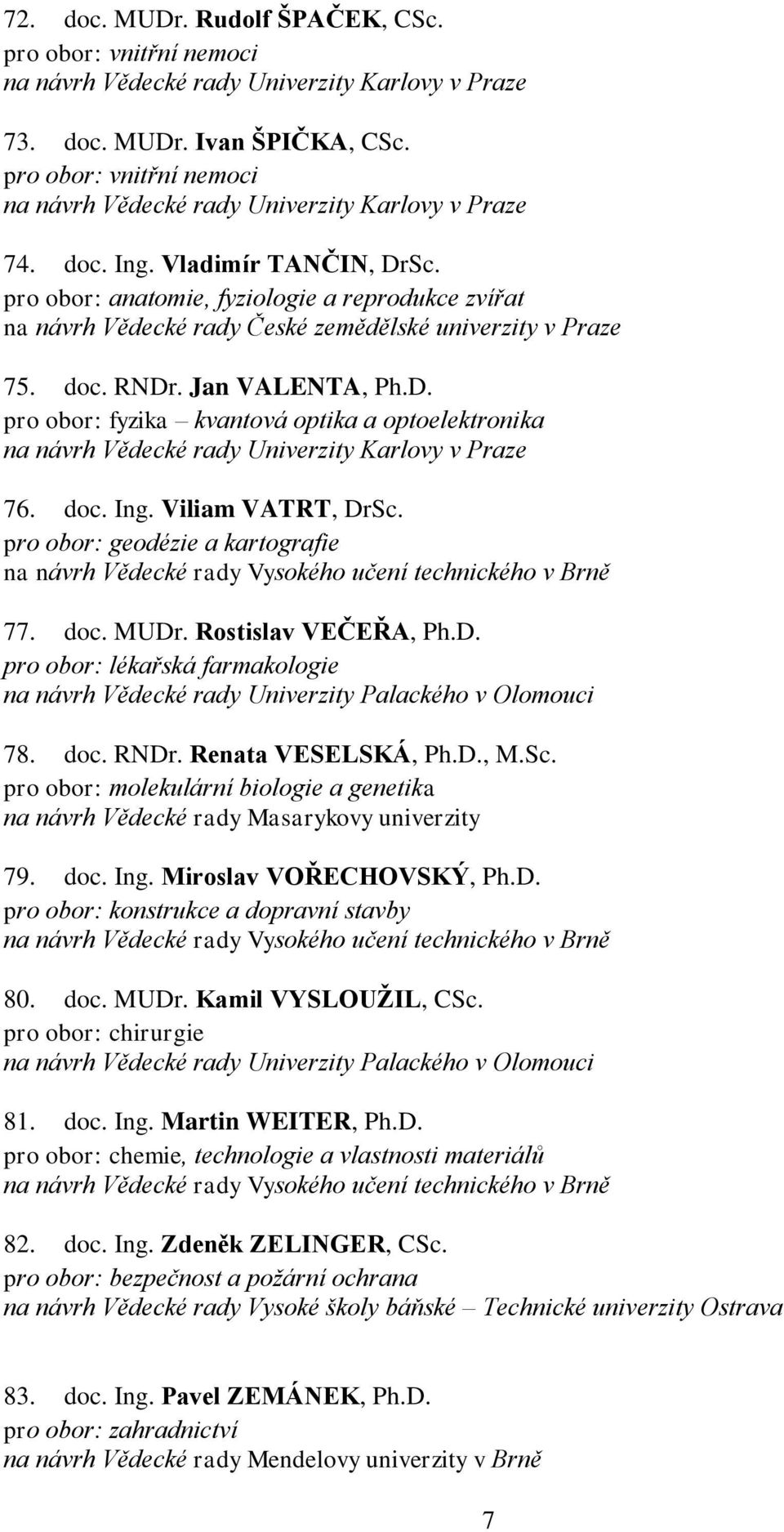 doc. Ing. Viliam VATRT, DrSc. pro obor: geodézie a kartografie 77. doc. MUDr. Rostislav VEČEŘA, Ph.D. pro obor: lékařská farmakologie 78. doc. RNDr. Renata VESELSKÁ, Ph.D., M.Sc. pro obor: molekulární biologie a genetika 79.