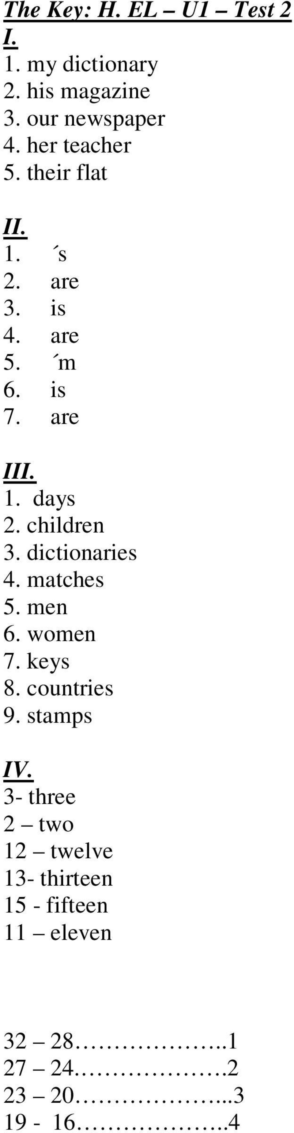 children 3. dictionaries 4. matches 5. men 6. women 7. keys 8. countries 9. stamps IV.