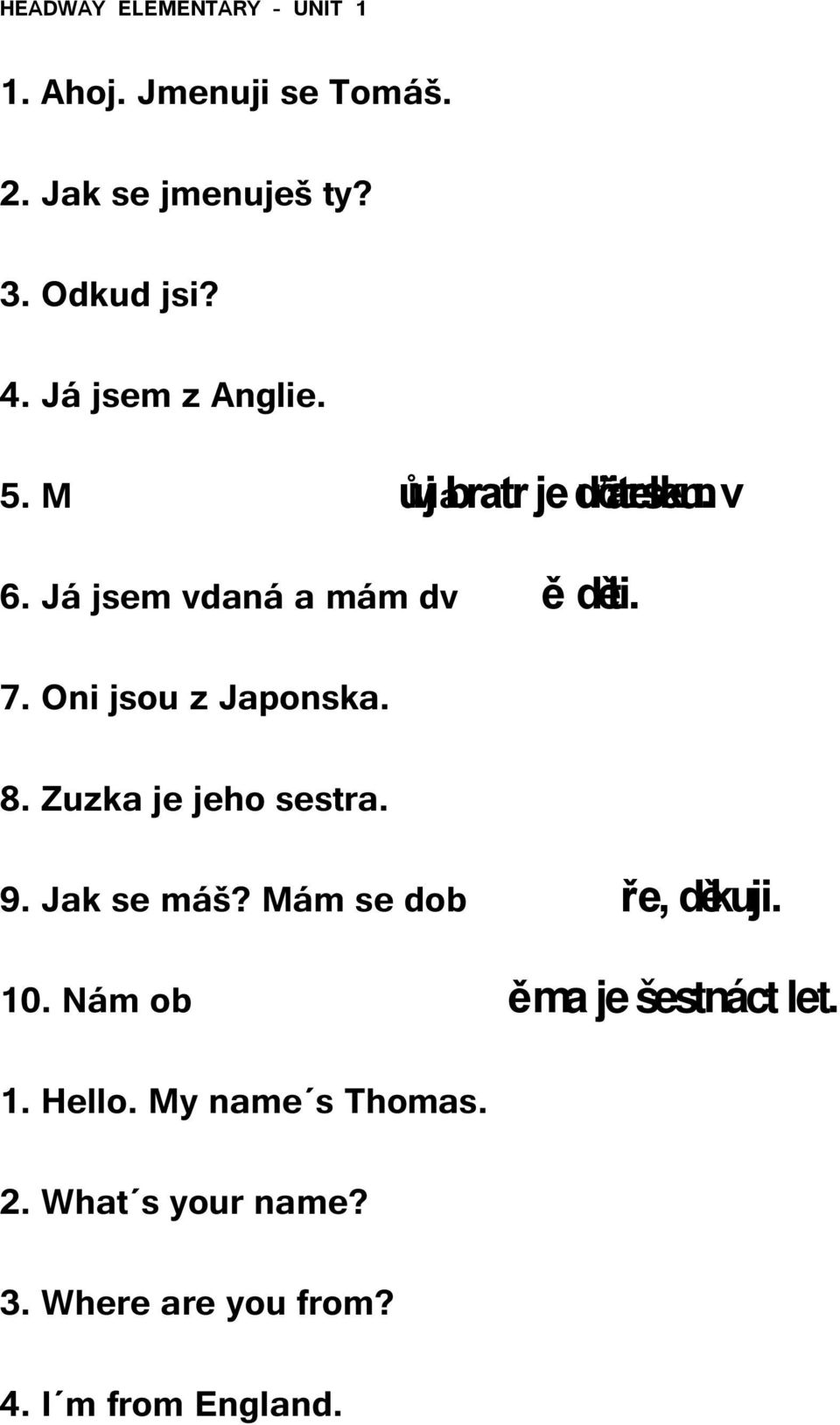 Oni jsou z Japonska. 8. Zuzka je jeho sestra. 9. Jak se máš? Mám se dob ře, děkuji. 10.