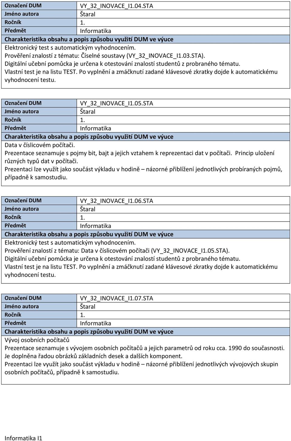 STA Prověření znalostí z tématu: Data v číslicovém počítači (VY_32_INOVACE_I1.05.STA). VY_32_INOVACE_I1.07.