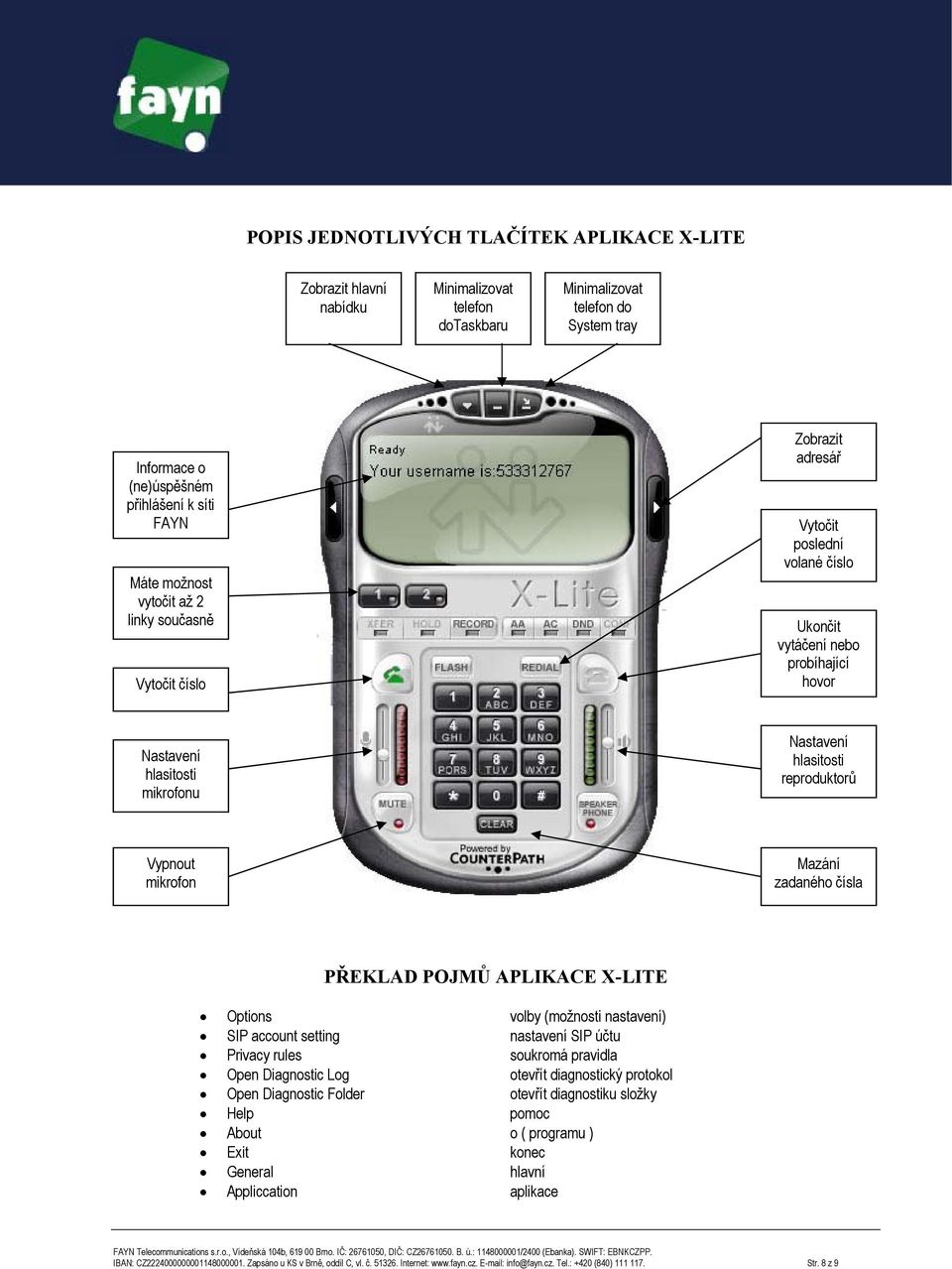 Vypnout mikrofon Mazání zadaného čísla PŘEKLAD POJMŮ APLIKACE X-LITE Options volby (možnosti nastavení) SIP account setting nastavení SIP účtu Privacy rules soukromá pravidla Open Diagnostic Log