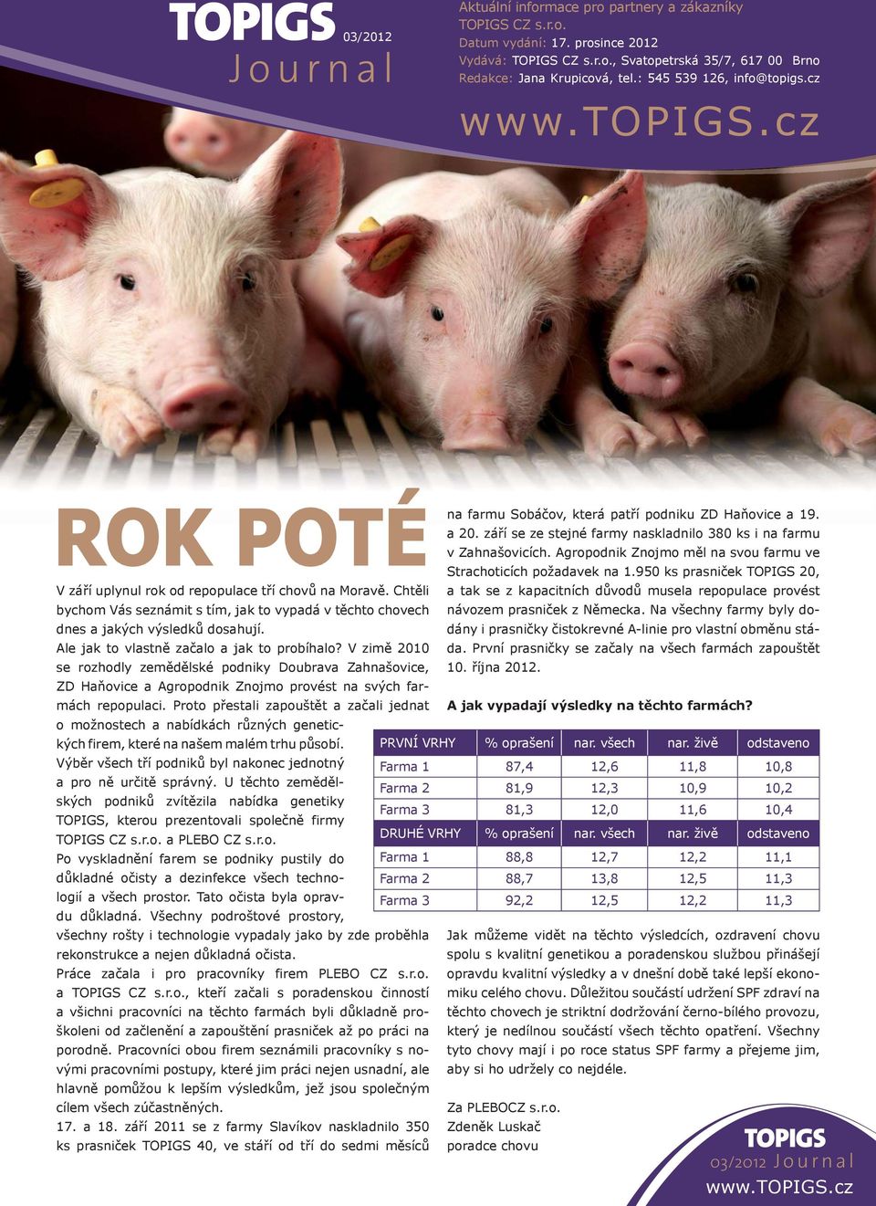 Agropodnik Znojmo měl na svou farmu ve Strachoticích požadavek na 1.950 ks prasniček 20, V září uplynul rok od repopulace tří chovů na Moravě.