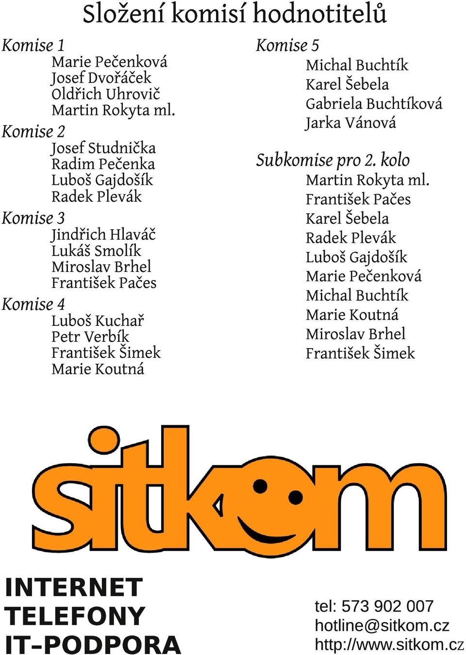 Petr Verbík František Šimek Marie Koutná INTERNET TELEFONY IT PODPORA Komise Michal Buchtík Karel Šebela Gabriela Buchtíková Jarka Vánová Subkomise pro.