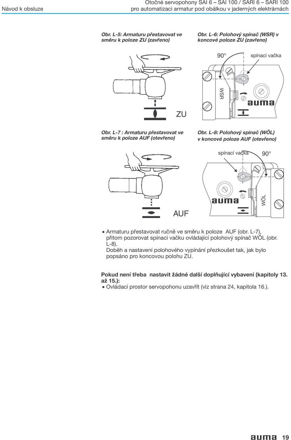 L-8: Polohový spínač (WÖL) v koncové poloze AUF (otevřeno) spínací vačka 90 AUF WÖL. Armaturu přestavovat ručně ve směru k poloze AUF (obr.