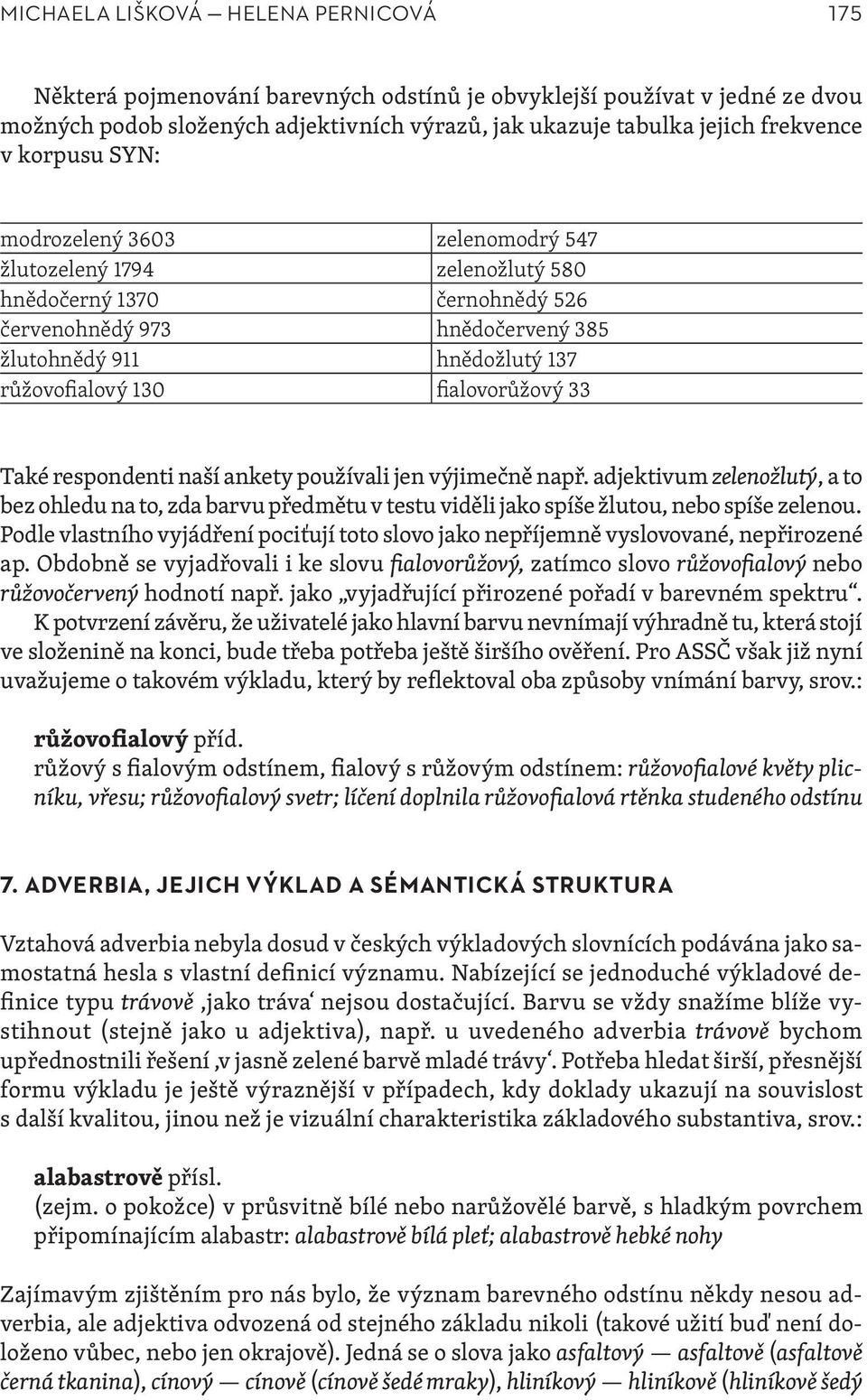 fialovorůžový 33 Také respondenti naší ankety používali jen výjimečně např. adjektivum zelenožlutý, a to bez ohledu na to, zda barvu předmětu v testu viděli jako spíše žlutou, nebo spíše zelenou.