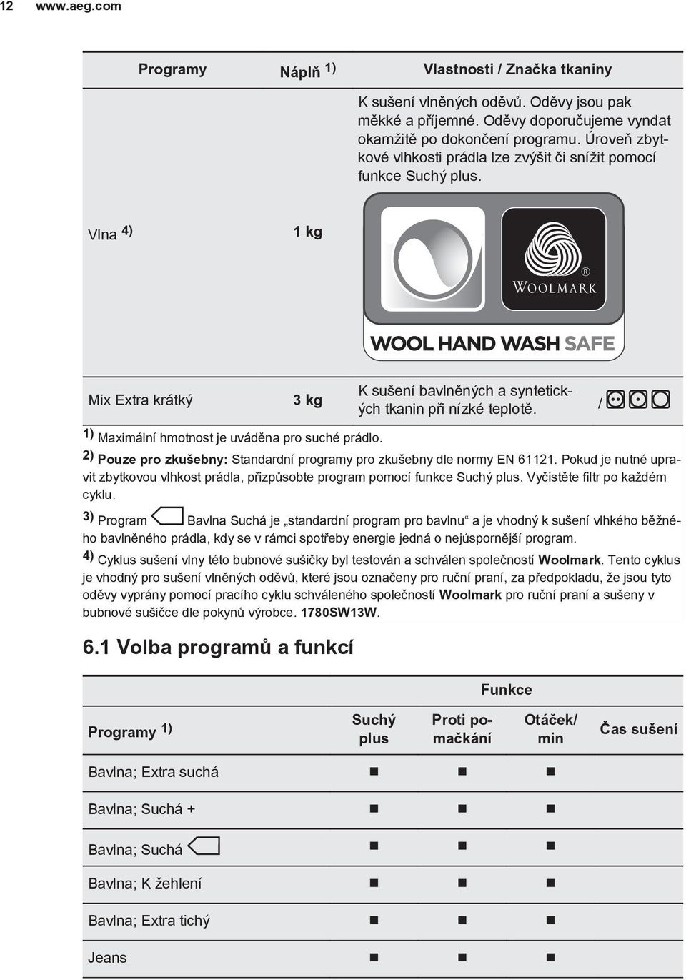 / 1) Maximální hmotnost je uváděna pro suché prádlo. 2) Pouze pro zkušebny: Standardní programy pro zkušebny dle normy EN 61121.