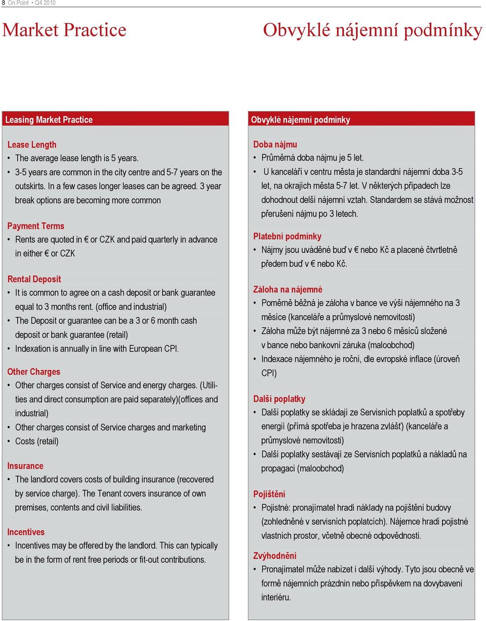 3 year break options are becoming more common Payment Terms Rents are quoted in or CZK and paid quarterly in advance in either or CZK Rental Deposit It is common to agree on a cash deposit or bank