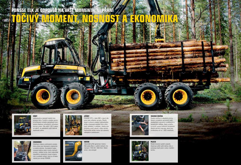 JEŘÁBY PONSSE K70 + nebo K90 + jsou k dispozici jako volitelné varianty. Dlouhý dosah a přesné ovládání hydraulického jeřábu znamenají navýšení síly a přesnosti nakládání a vykládání.