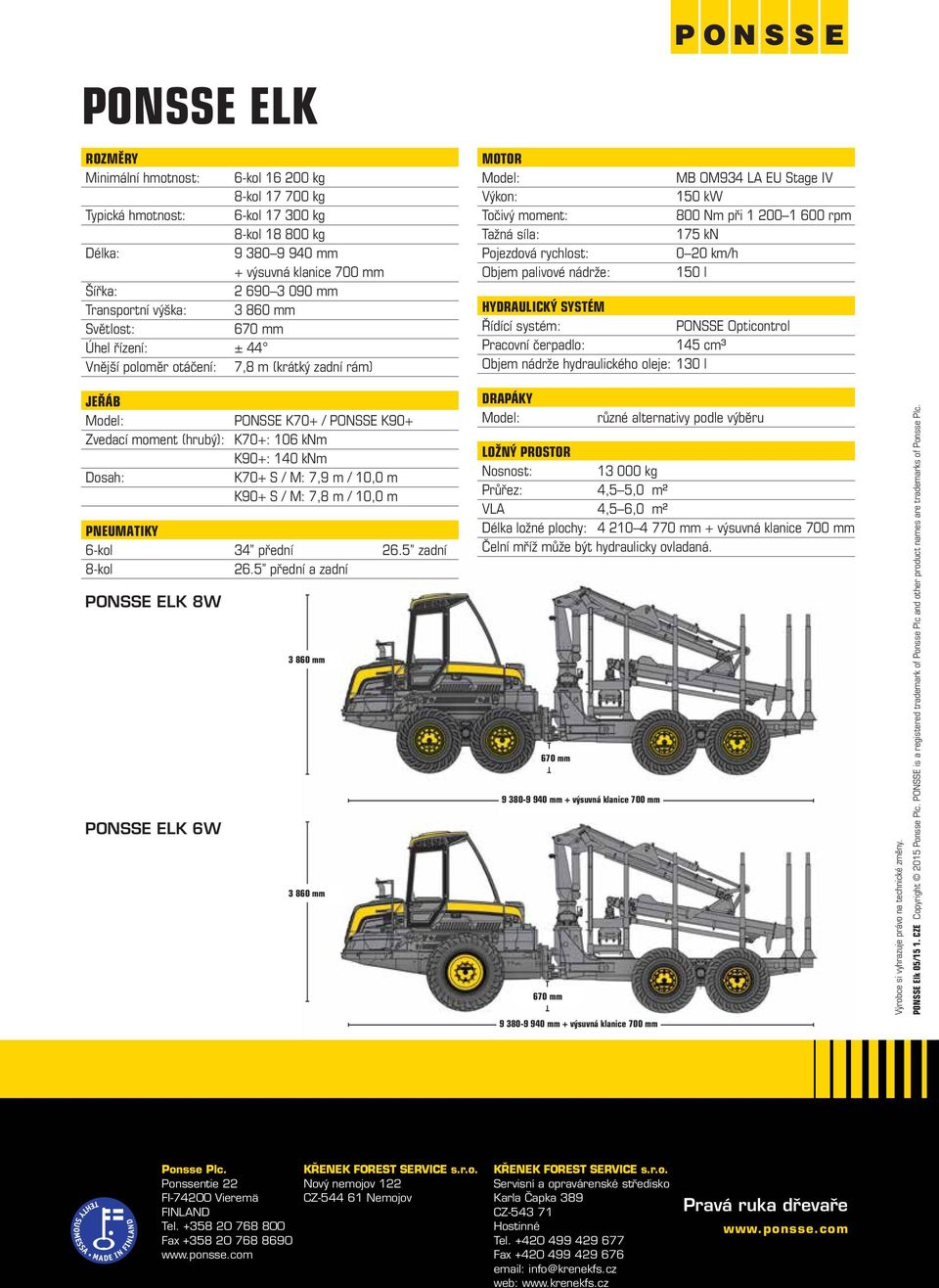 OM934 LA EU Stage IV 150 kw 800 Nm při 1 200 1 600 rpm 175 kn 0 20 km/h 150 l HYDRAULICKÝ SYSTÉM Řídící systém: PONSSE Opticontrol Pracovní čerpadlo: 145 cm³ Objem nádrže hydraulického oleje: 130 l