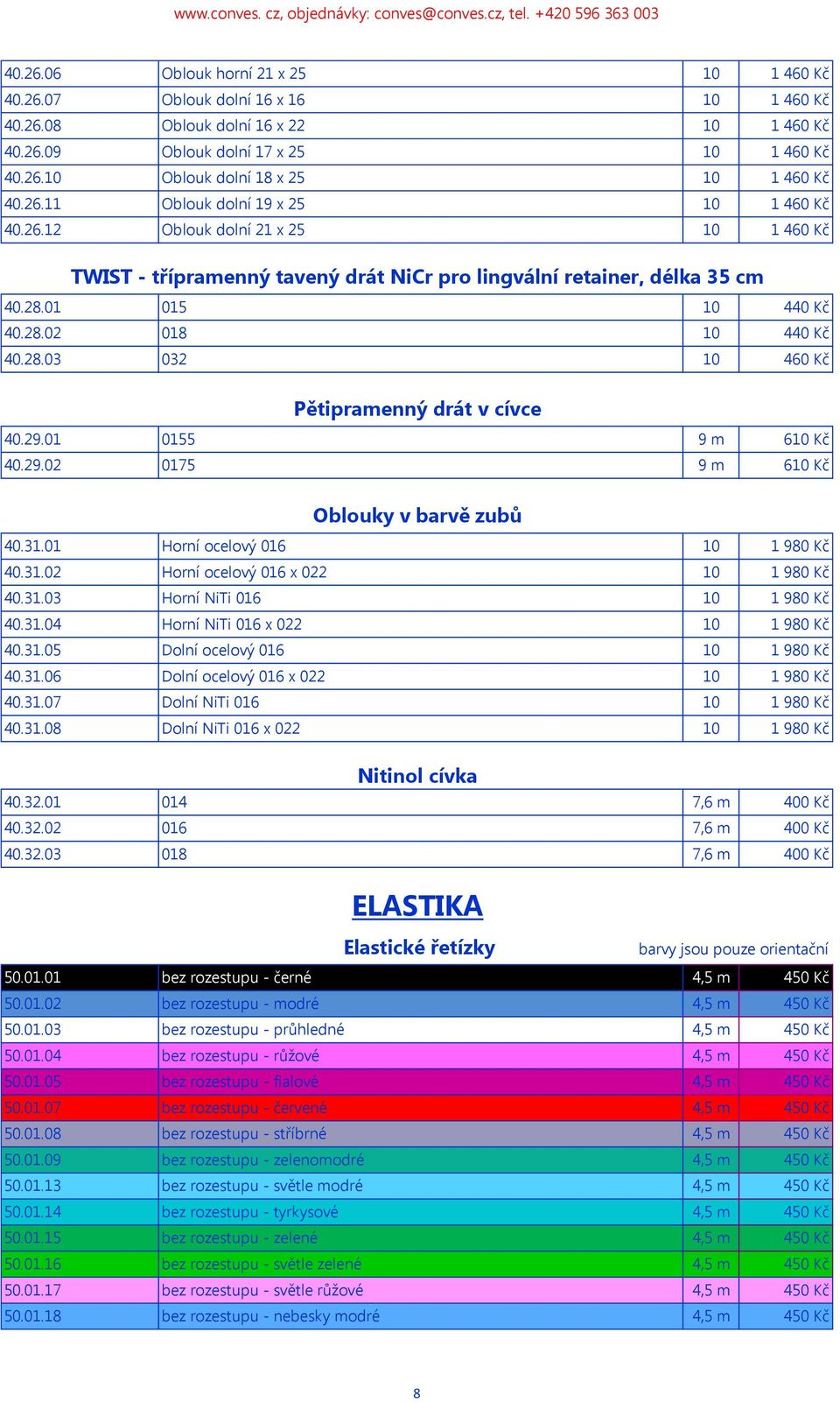 28.03 032 10 460 Kč Pětipramenný drát v cívce 40.29.01 0155 9 m 610 Kč 40.29.02 0175 9 m 610 Kč Oblouky v barvě zubů 40.31.01 Horní ocelový 016 10 1 980 Kč 40.31.02 Horní ocelový 016 x 022 10 1 980 Kč 40.