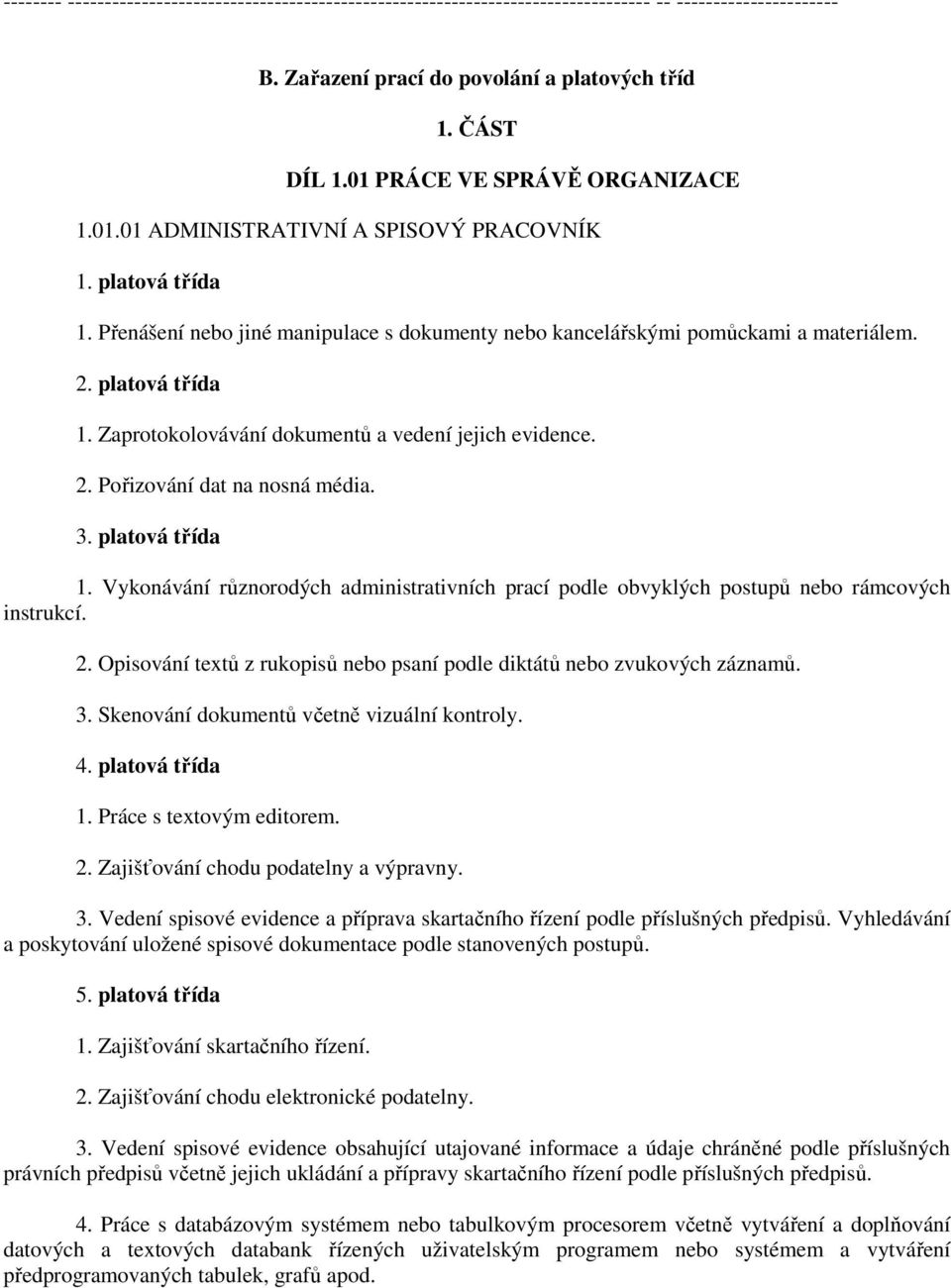 2. Pořizování dat na nosná média. 3. platová třída 1. Vykonávání různorodých administrativních prací podle obvyklých postupů nebo rámcových instrukcí. 2.