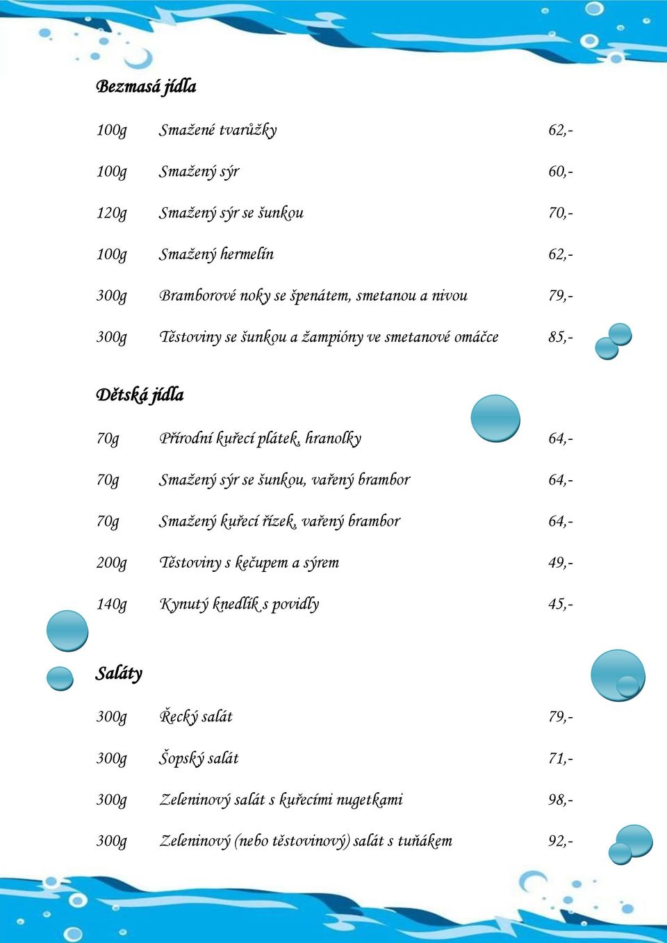 Smaţený sýr se šunkou, vařený brambor 64,- 70g Smaţený kuřecí řízek, vařený brambor 64,- 200g Těstoviny s kečupem a sýrem 49,- 140g Kynutý knedlík s