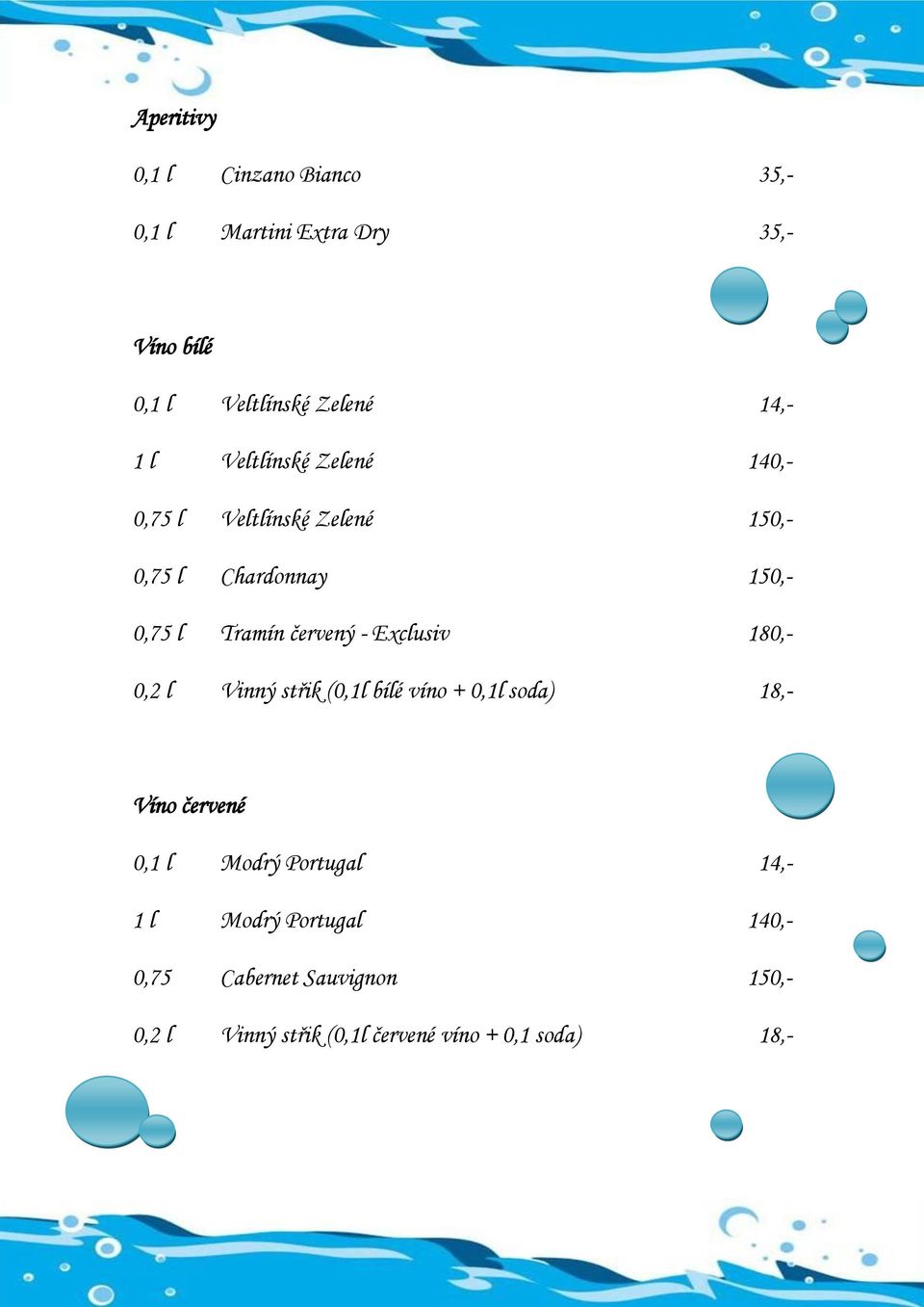 Exclusiv 180,- 0,2 l Vinný střik (0,1l bílé víno + 0,1l soda) 18,- Víno červené 0,1 l Modrý Portugal 14,-