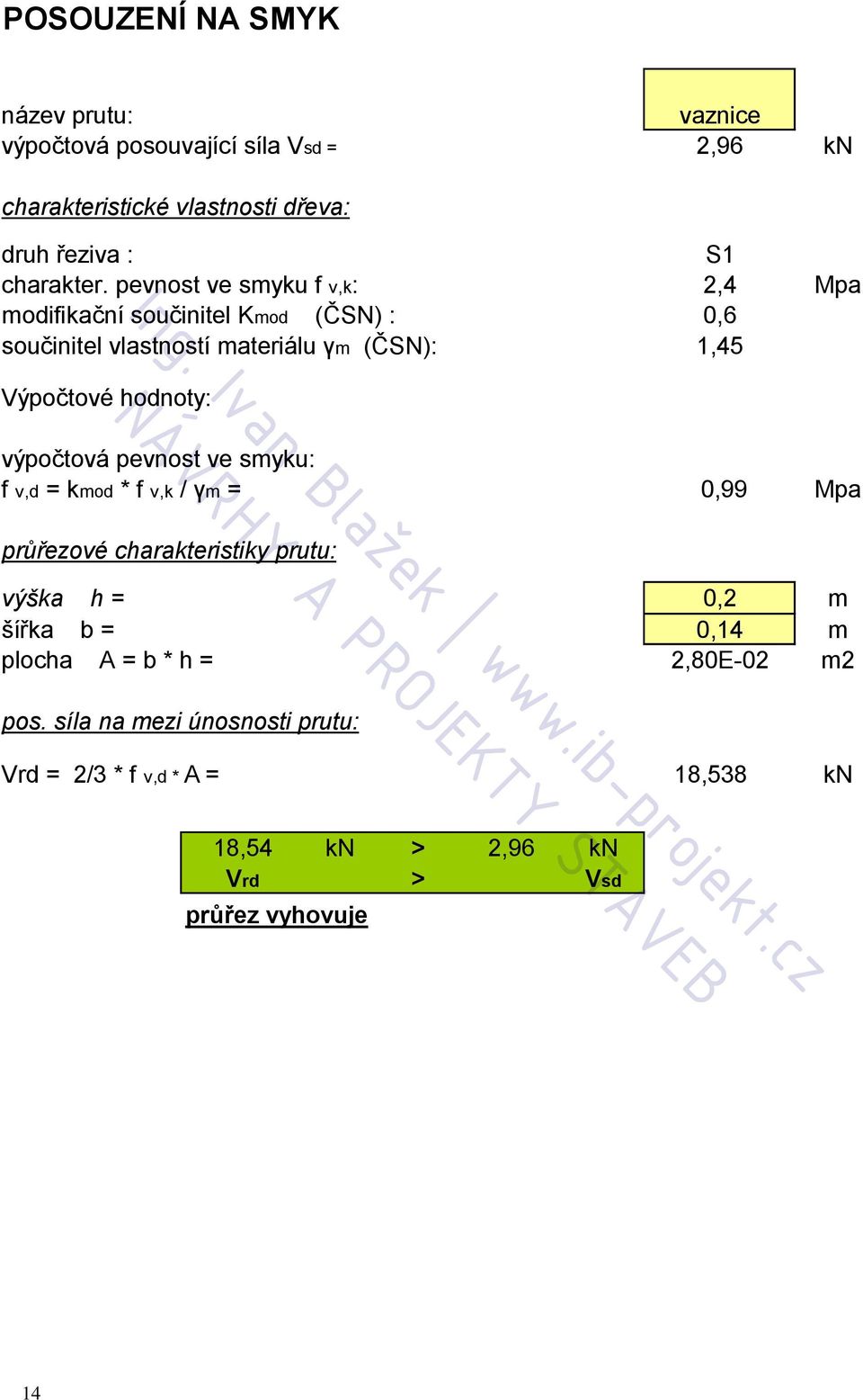 pevnost ve smyku f v,k: 2,4 Mpa modifikační součinitel Kmod (ČSN) : 0,6 součinitel vlastností materiálu γm (ČSN): 1,45 Výpočtové hodnoty: