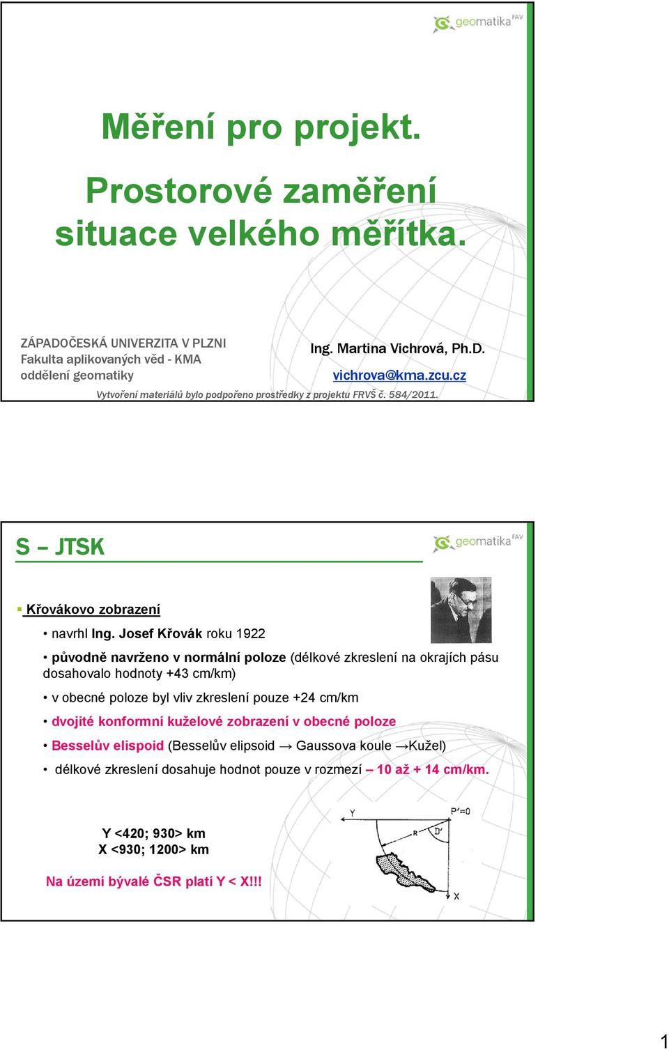 Josef Křovák roku 1922 původně navrženo v normální poloze (délkové zkreslení na okrajích pásu dosahovalo hodnoty +43 cm/km) v obecné poloze byl vliv zkreslení pouze +24 cm/km dvojité