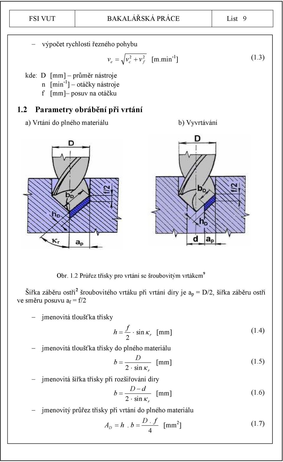 2 Průřez třísky pro vrtání se šroubovitým vrtákem 9 Šířka záběru ostří 2 šroubovitého vrtáku při vrtání díry je a p = D/2, šířka záběru ostří ve směru posuvu a f = f/2 jmenovitá