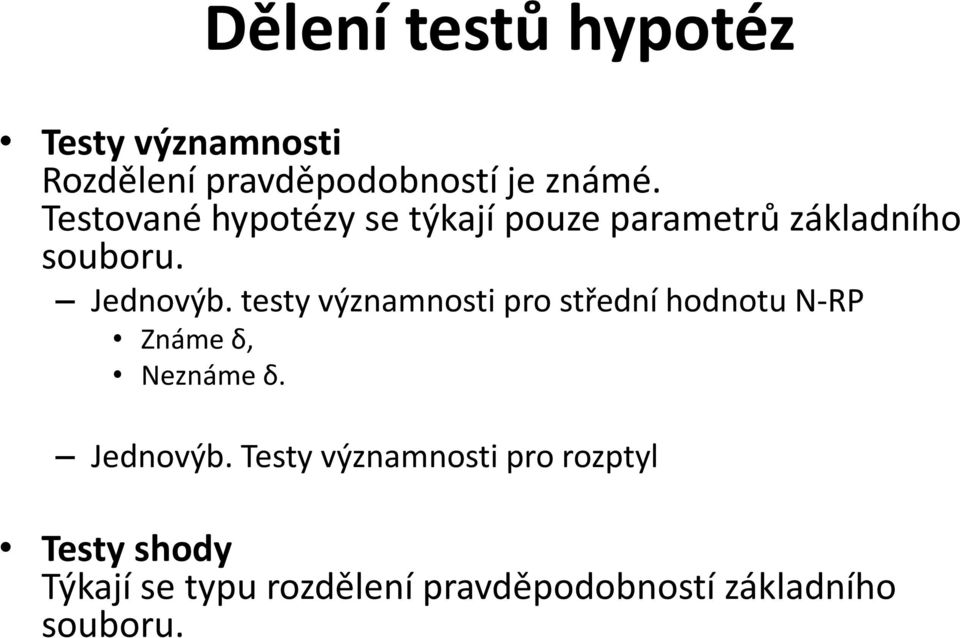 testy významnosti pro střední hodnotu N-RP Známe δ, Neznáme δ. Jednovýb.