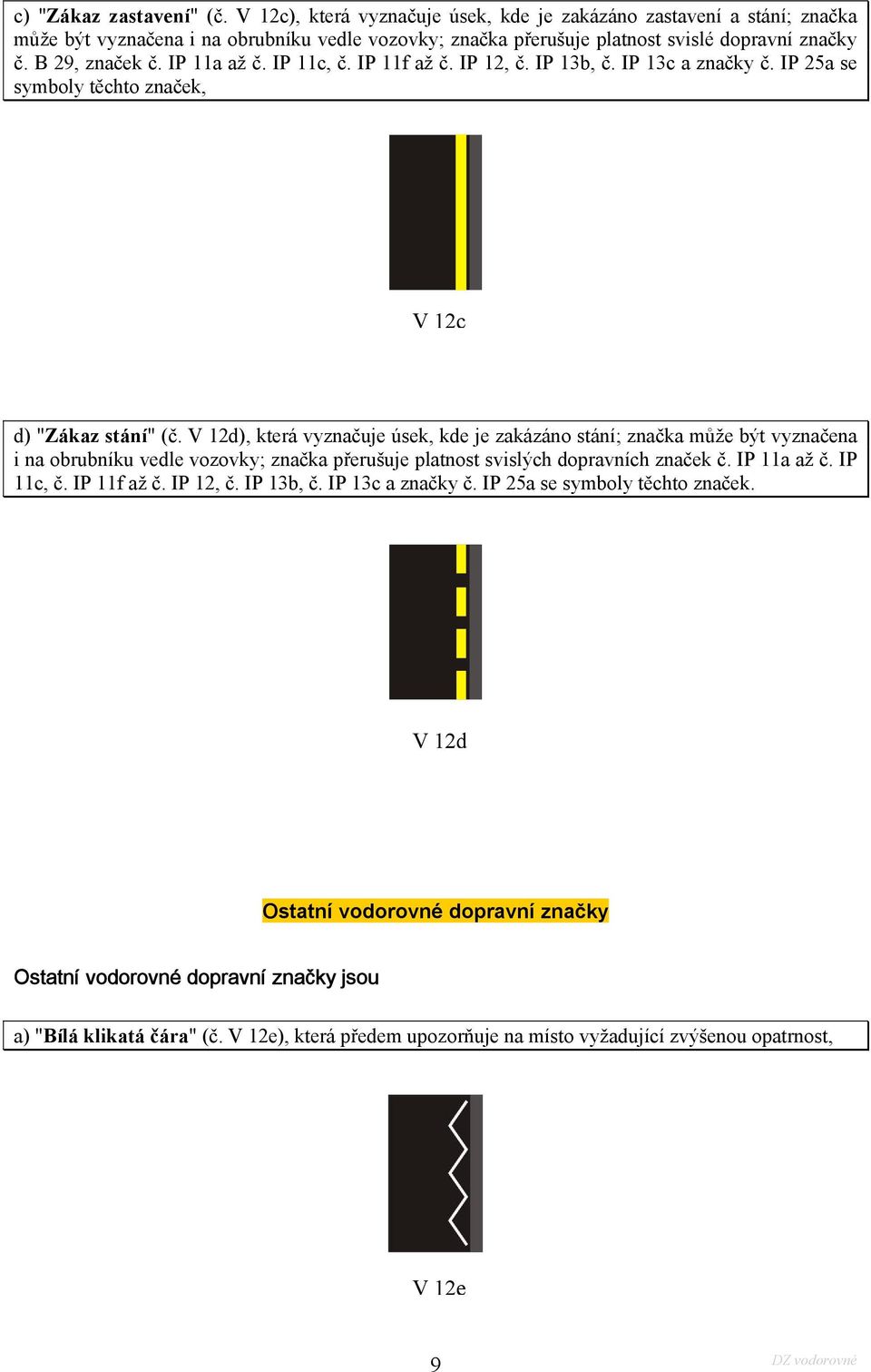 V 12d), která vyznačuje úsek, kde je zakázáno stání; značka může být vyznačena i na obrubníku vedle vozovky; značka přerušuje platnost svislých dopravních značek č. IP 11a až č. IP 11c, č.