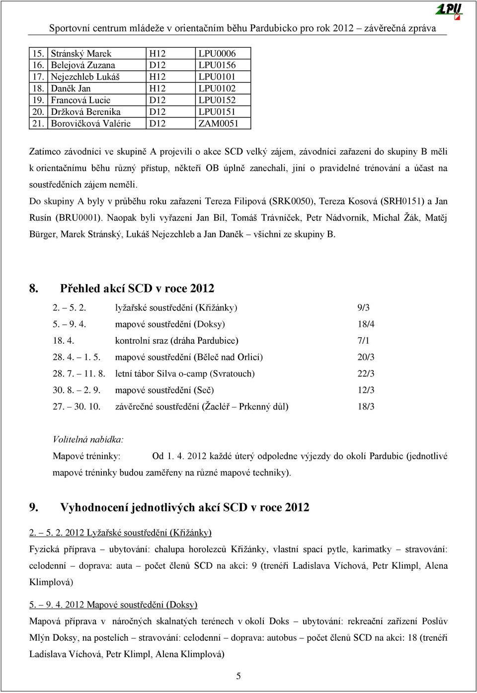 jiní o pravidelné trénování a účast na soustředěních zájem neměli. Do skupiny A byly v průběhu roku zařazeni Tereza Filipová (SRK0050), Tereza Kosová (SRH0151) a Jan Rusín (BRU0001).