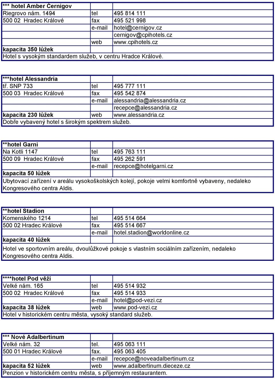 SNP 733 tel 495 777 111 500 03 Hradec Králové fax 495 542 874 e-mail alessandria@alessandria.cz recepce@alessandria.cz kapacita 230 lůžek web www.alessandria.cz Dobře vybavený hotel s širokým spektrem služeb.