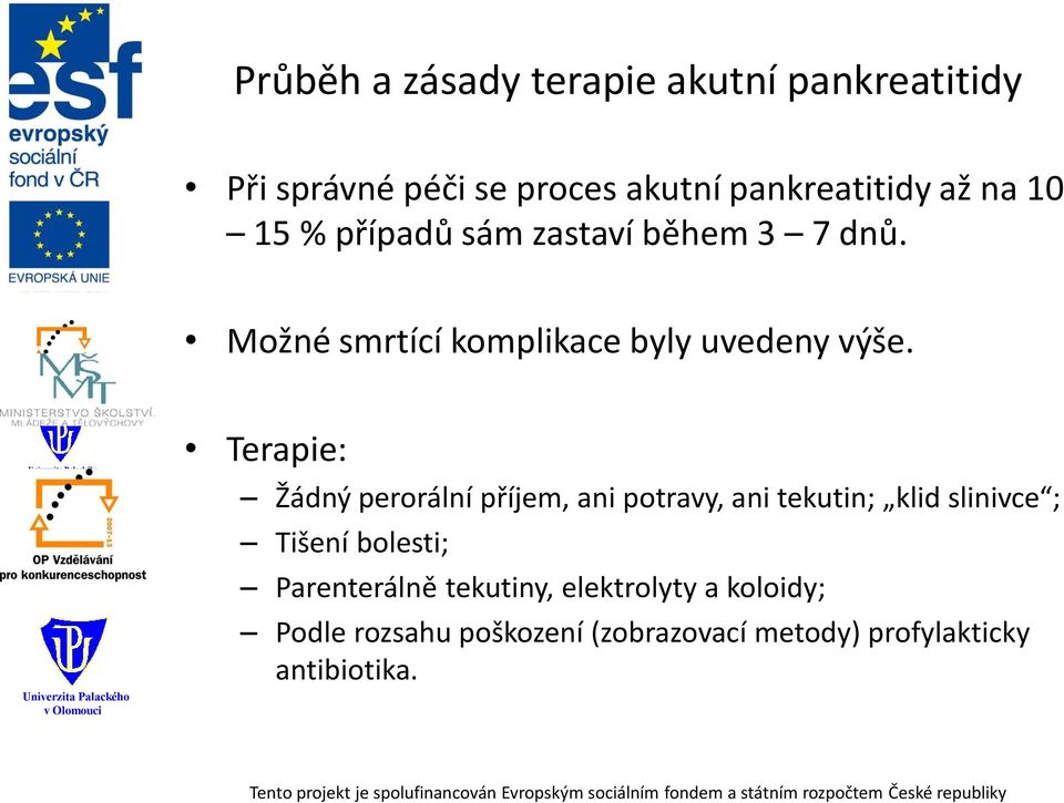 Terapie: Žádný perorální příjem, ani potravy, ani tekutin; klid slinivce ; Tišení bolesti;