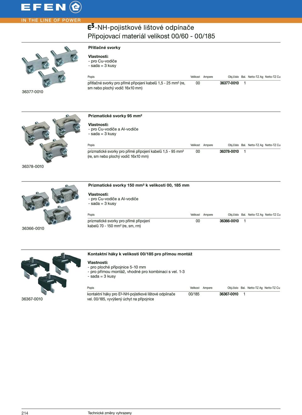 36378-0010 Prizmatické svorky 150 mm² k velikosti 00, 185 mm - pro Cu-vodiče a Al-vodiče - sada = 3 kusy 36366-0010 prizmatické svorky pro přímé připojení kabelů 70-150 mm² (re, sm, rm) 00 36366-0010