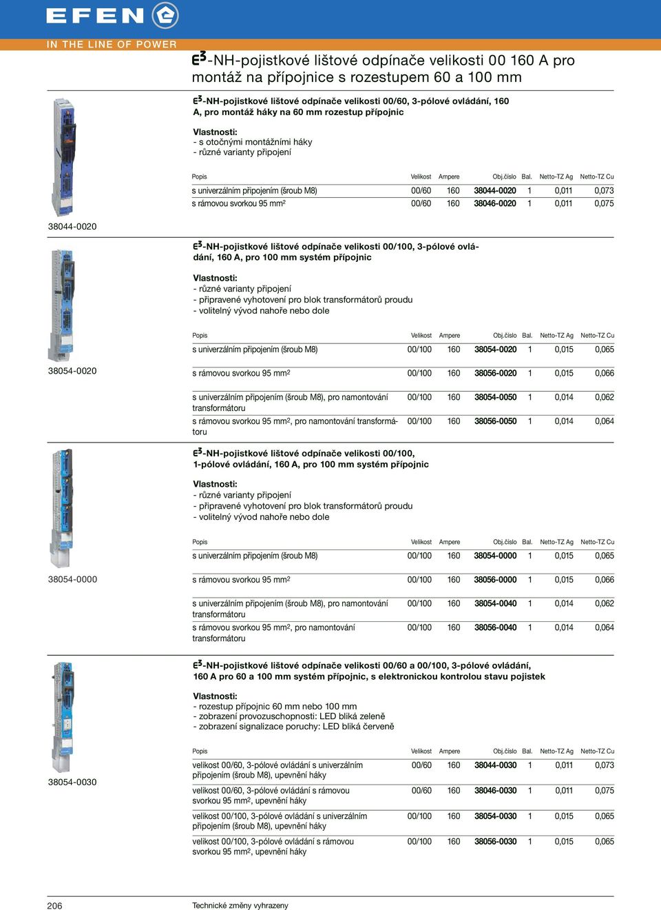 160 A, pro 100 mm systém přípojnic - různé varianty připojení - připravené vyhotovení pro blok transformátorů proudu - volitelný vývod nahoře nebo dole s univerzálním připojením (šroub M8) 00/100 160