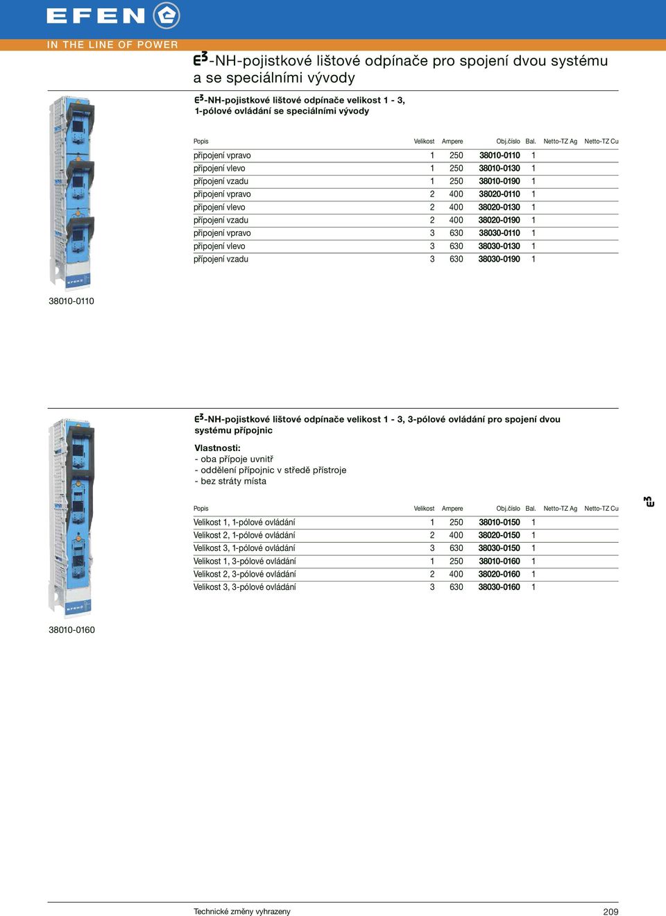 vzadu 3 630 38030-0190 1 38010-0110 velikost 1-3, 3-pólové ovládání pro spojení dvou systému přípojnic - oba přípoje uvnitř - oddělení přípojnic v středě přístroje - bez stráty místa Velikost 1,