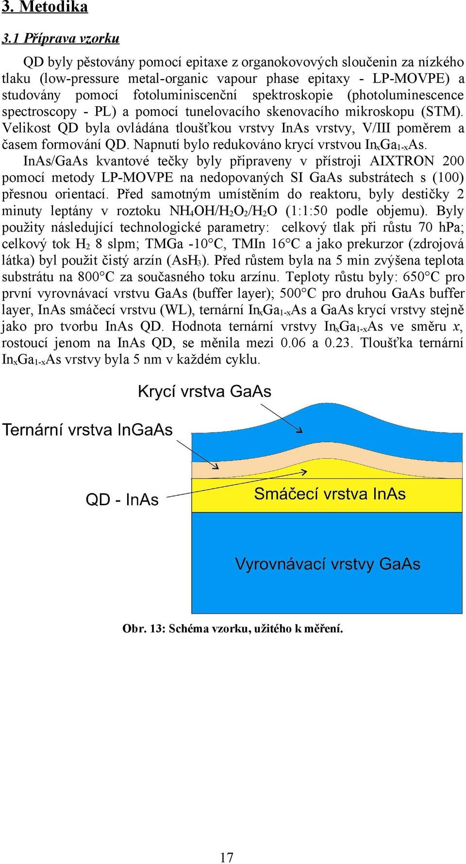 spektroskopie (photoluminescence spectroscopy - PL) a pomocí tunelovacího skenovacího mikroskopu (STM). Velikost QD byla ovládána tloušťkou vrstvy InAs vrstvy, V/III poměrem a časem formování QD.