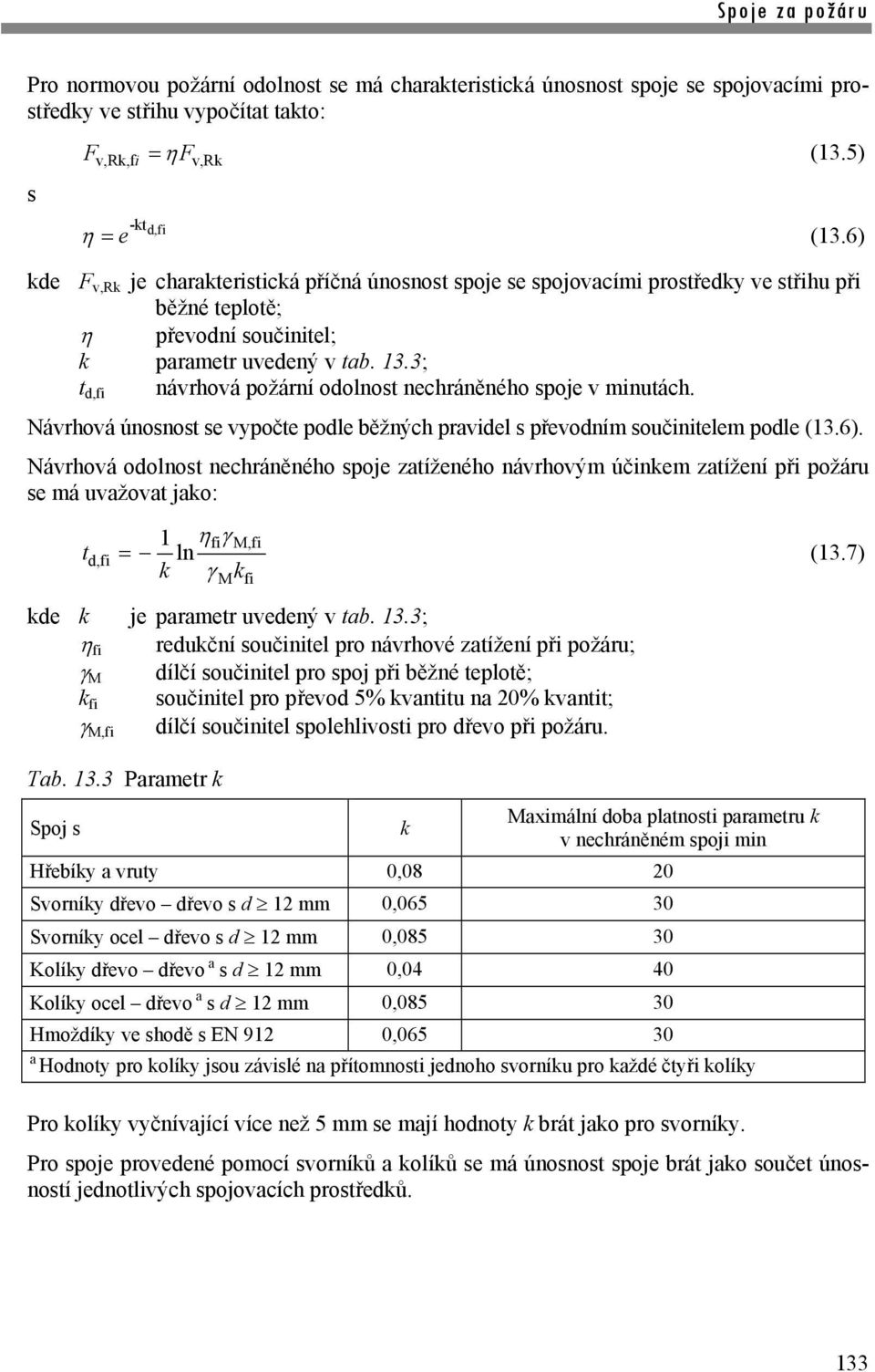 3; t d,fi návrhová požární odolnost nechráněného spoje v minutách. Návrhová únosnost se vypočte podle běžných pravidel s převodním součinitelem podle (13.6).