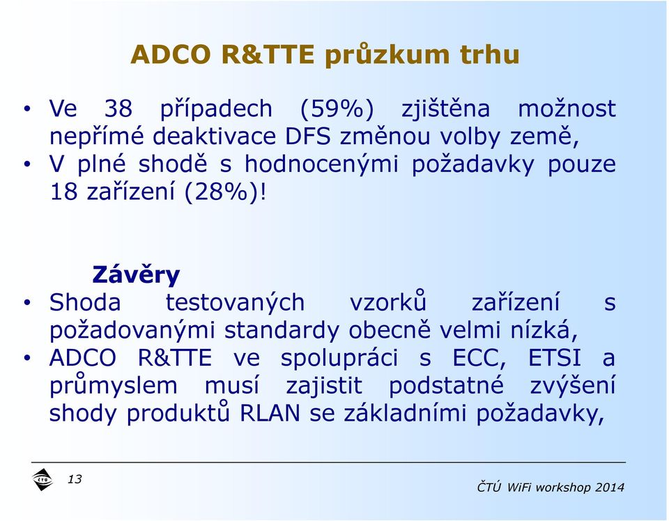 Závěry Shoda testovaných vzorků zařízení s požadovanými standardy obecně velmi nízká, ADCO