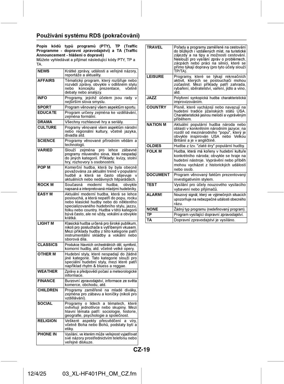 AFFAIRS Tématický program, který rozšiřuje nebo rozvádí zprávy, obvykle v odlišném stylu nebo konceptu prezentace, včetně debaty nebo analýzy.