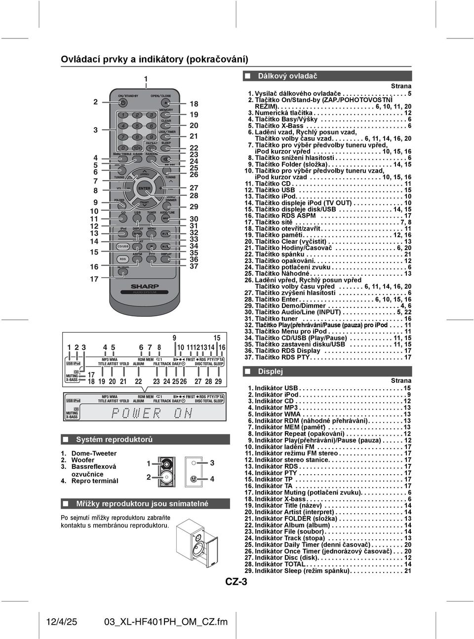 Tlačítko Basy/Výšky........................ 6 5. Tlačítko X-Bass............................ 6 6. Ladění vzad, Rychlý posun vzad, Tlačítko volby času vzad......... 6, 11, 14, 16, 20 7.