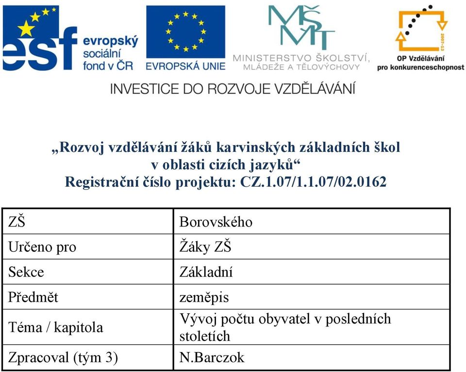 0162 ZŠ Určeno pro Sekce Předmět Téma / kapitola Zpracoval (tým 3)
