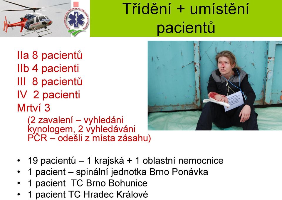 Třídění + umístění pacientů 19 pacientů 1 krajská + 1 oblastní nemocnice 1