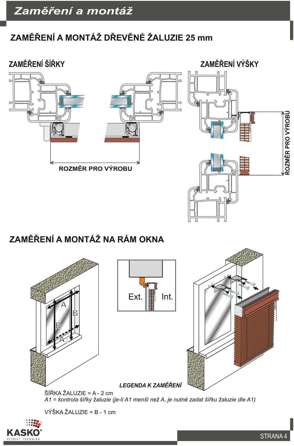 RÁM OKNA ŠÍŘKA ŽALUZIE = A - 2 cm A1 = kontrola šířky žaluzie (je-li A1