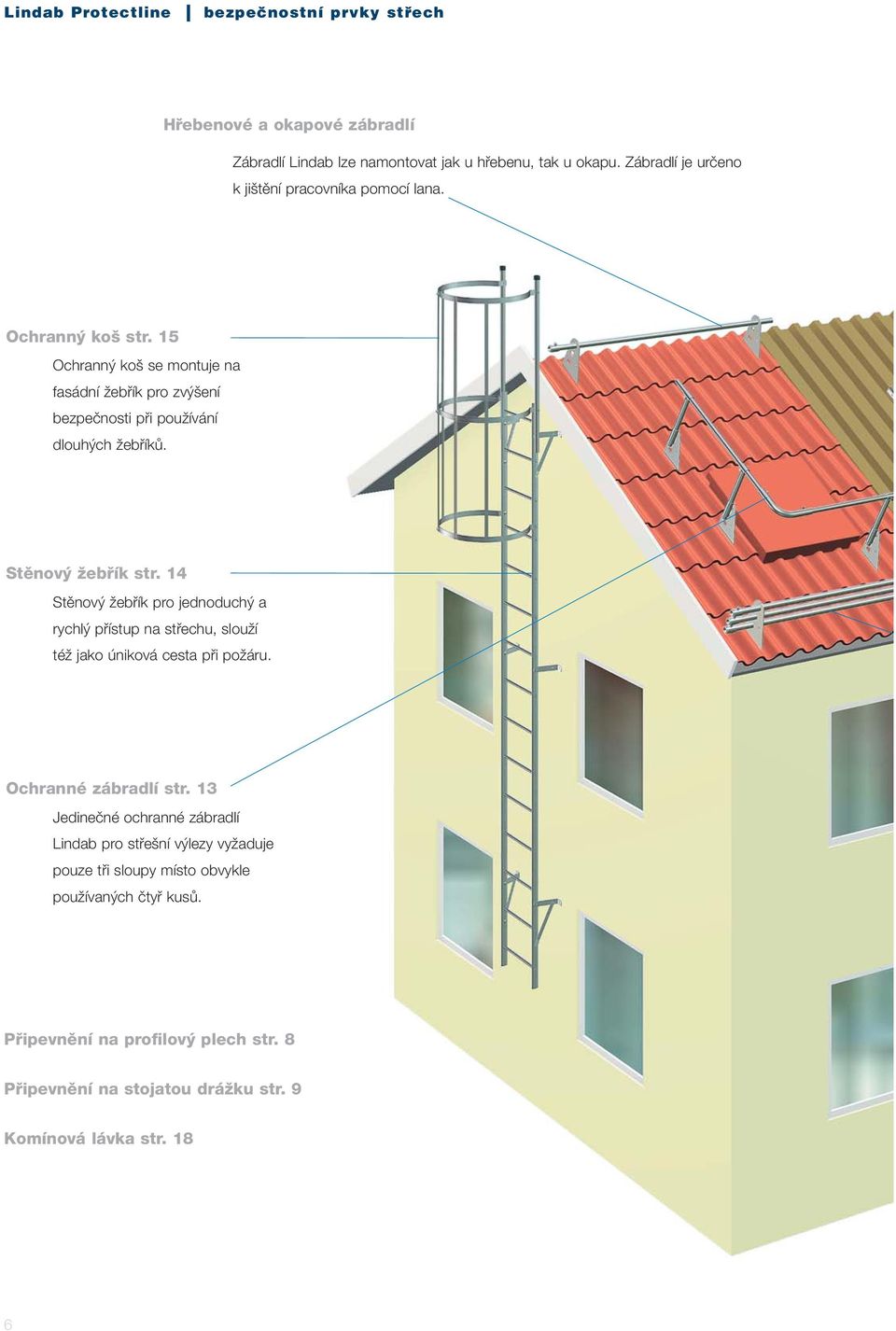14 Stěnový žebřík pro jednoduchý a rychlý přístup na střechu, slouží též jako úniková cesta při požáru. Ochranné zábradlí str.