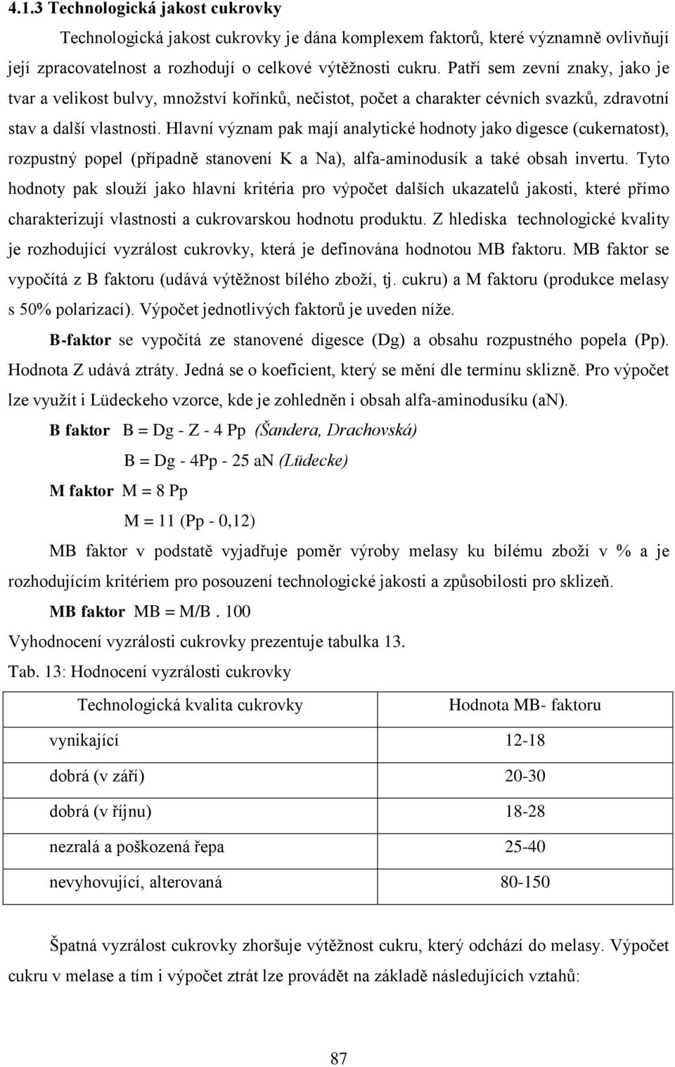 Hlavní význam pak mají analytické hodnoty jako digesce (cukernatost), rozpustný popel (případně stanovení K a Na), alfa-aminodusík a také obsah invertu.