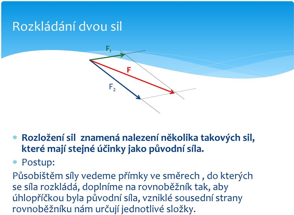 Postup: Působištěm síly vedeme přímky ve směrech, do kterých se síla rozkládá,