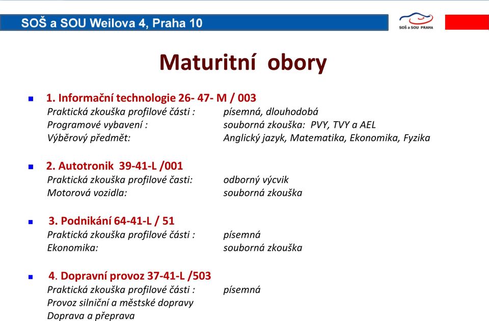 zkouška: PVY, TVY a AEL Anglický jazyk, Matematika, Ekonomika, Fyzika 2.