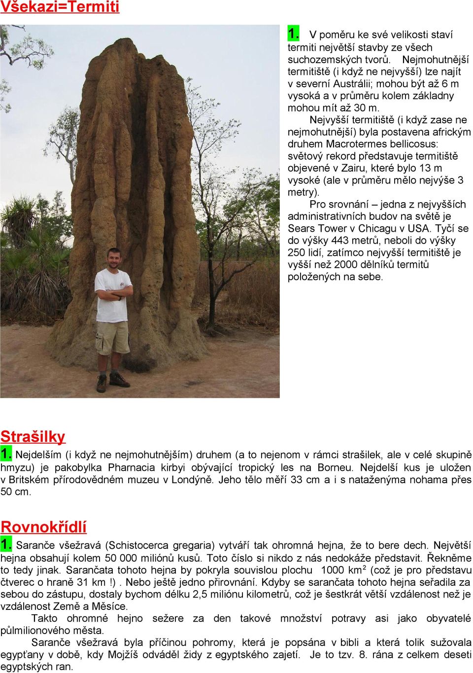 Nejvyšší termitiště (i když zase ne nejmohutnější) byla postavena africkým druhem Macrotermes bellicosus: světový rekord představuje termitiště objevené v Zairu, které bylo 13 m vysoké (ale v průměru