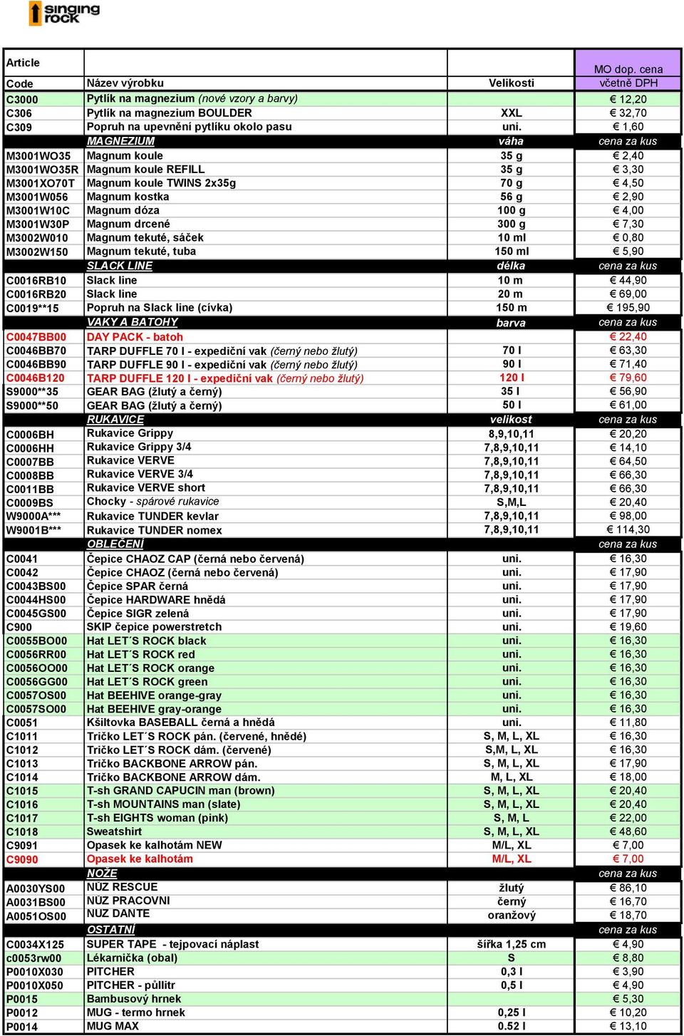 g 4,00 M3001W30P Magnum drcené 300 g 7,30 M3002W010 Magnum tekuté, sáček 10 ml 0,80 M3002W150 Magnum tekuté, tuba 150 ml 5,90 SLACK LINE délka C0016RB10 Slack line 10 m 44,90 C0016RB20 Slack line 20