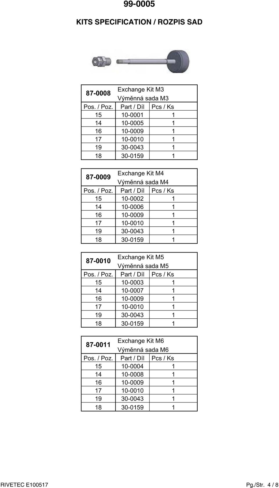 30-0159 1 87-0010 Exchange Kit M5 Vým nná sada M5 15 10-0003 1 14 10-0007 1 16 10-0009 1 17 10-0010 1 19 30-0043 1 18 30-0159 1 87-0011