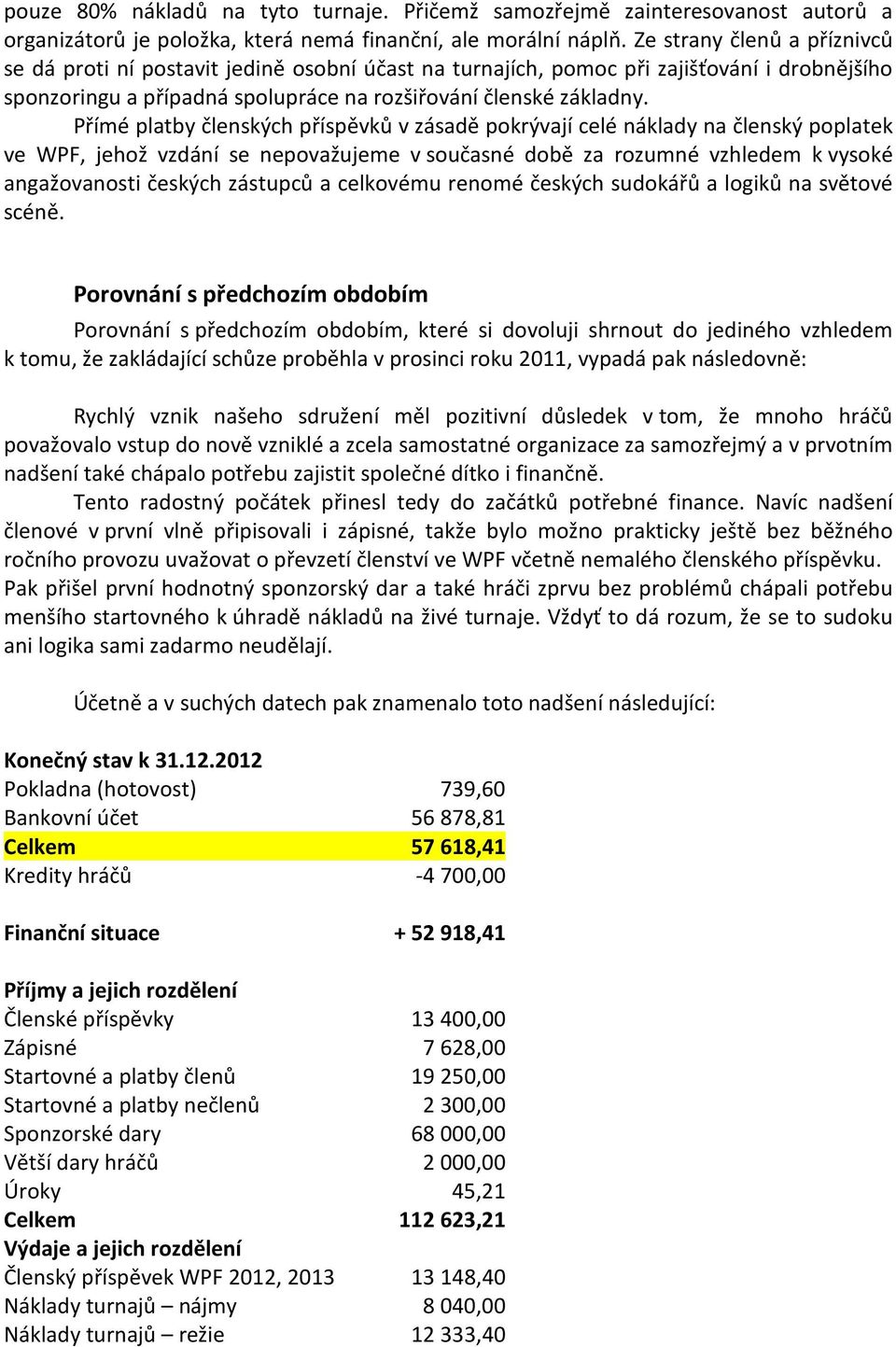 Přímé platby členských příspěvků v zásadě pokrývají celé náklady na členský poplatek ve WPF, jehož vzdání se nepovažujeme v současné době za rozumné vzhledem k vysoké angažovanosti českých zástupců a