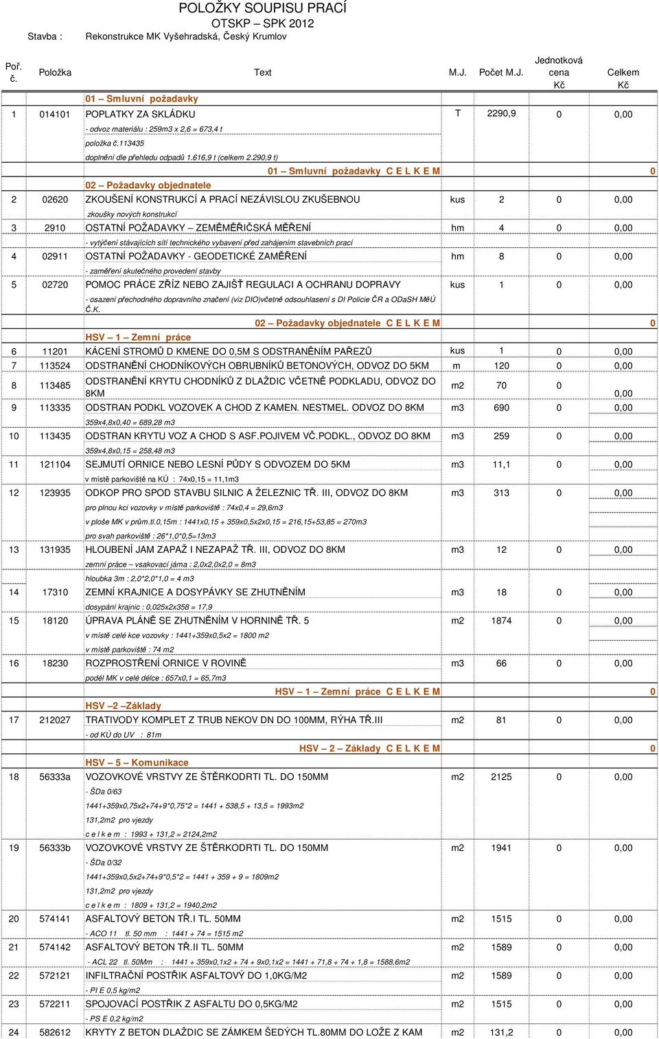 290,9 t) 02 Požadavky objednatele Celkem 01 Smluvní požadavky C E L K E M 0 2 02620 ZKOUŠENÍ KONSTRUKCÍ A PRACÍ NEZÁVISLOU ZKUŠEBNOU kus 2 0 0,00 zkoušky nových konstrukcí 3 2910 OSTATNÍ POŽADAVKY