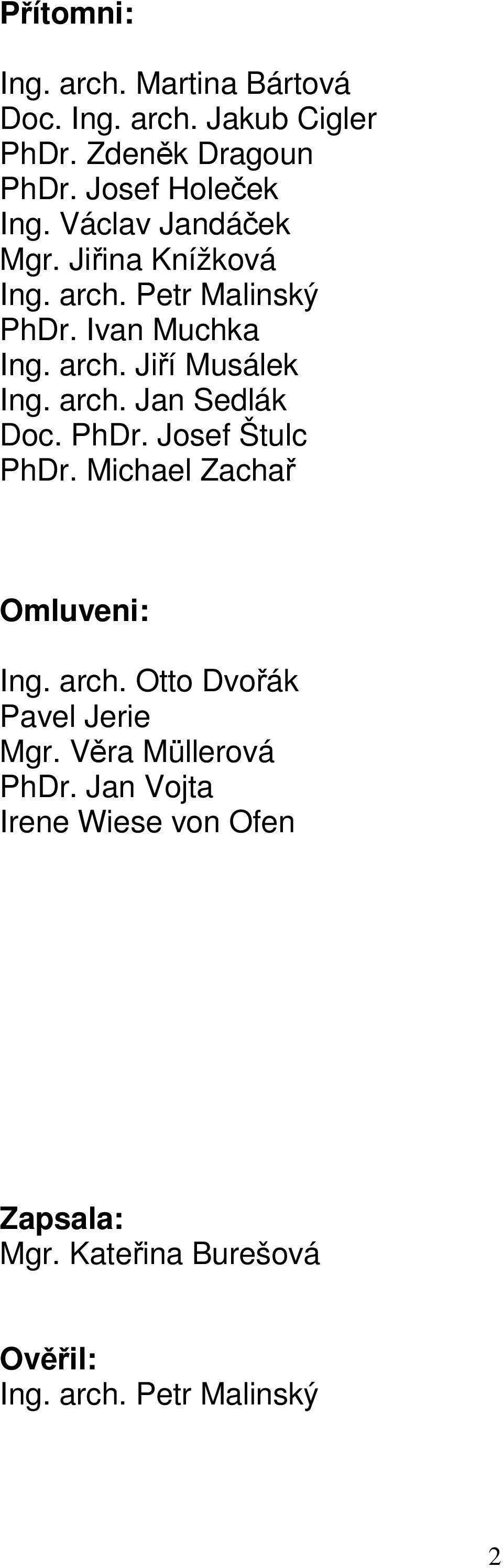 arch. Jan Sedlák Doc. PhDr. Josef Štulc PhDr. Michael Zachař Omluveni: Ing. arch. Otto Dvořák Pavel Jerie Mgr.