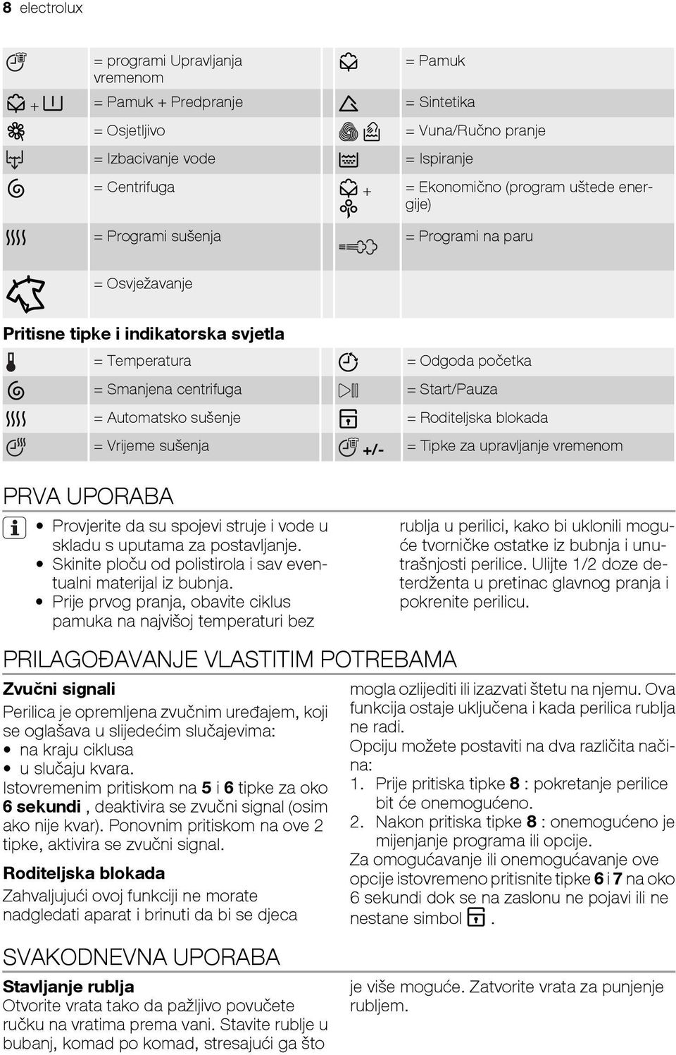 Roditeljska blokada = Vrijeme sušenja +/- = Tipke za upravljanje vremenom PRVA UPORABA Provjerite da su spojevi struje i vode u skladu s uputama za postavljanje.